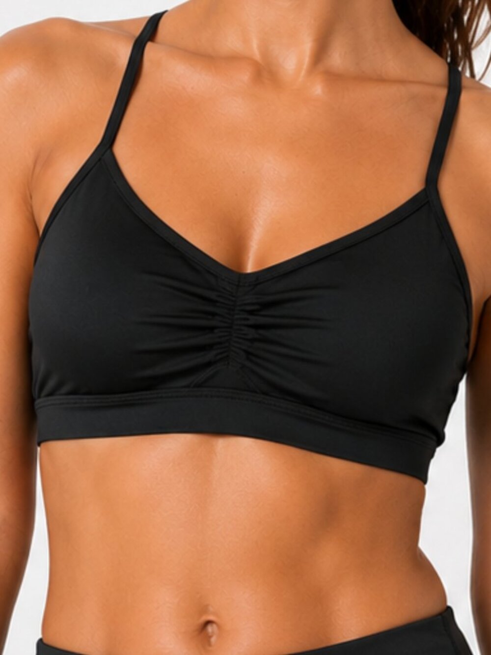 ATHLETA Ruched Black Strappy Racerback Swim Top Medium
